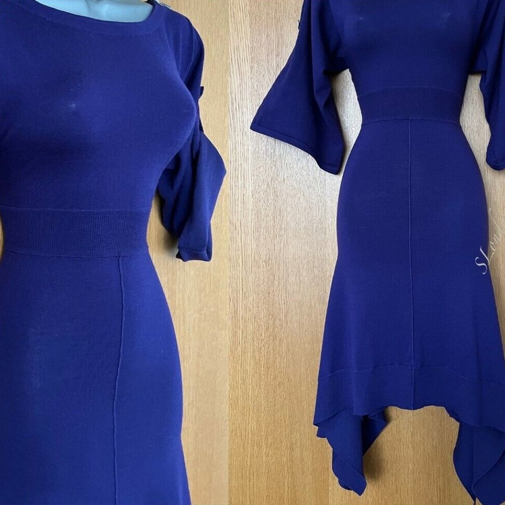 RARE! KAREN MILLEN Dress Purple Knit Sweater Handkerchief Asymmetrical Wedding